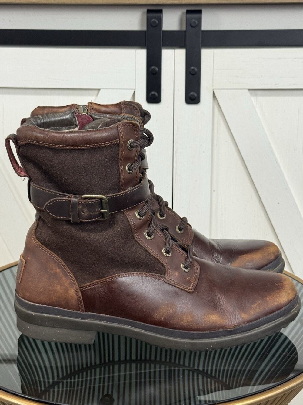 UGG Kesey Waterproof Brown Leather Wool Lined Combat Boots Buckle Women 8.5